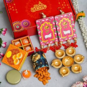 1 Metal Urli – 150gms Almond in Tin Jar – 4 Ladoo candle, Pair of Shubh Labh Hanging